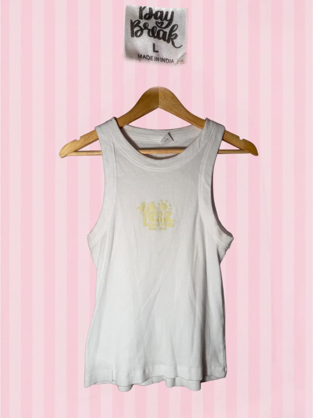 White Ribbed Tank with Pale Yellow Chest Graphic